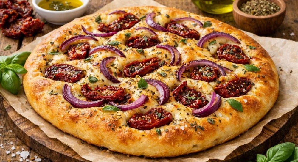Рецепта за фокача със сушени домати и червен лук