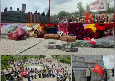 „Миротворецът” Путин, червен флаг със сърп и чук и чаши с водка в краката на Альоша, „Катюша” кънти на Бунарджика за Деня на Европа