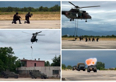 Спецполицаи и военни демонстрираха зрелищна акция край Пловдив: Взрив с дрон, десант от хеликоптер впечатли гостите