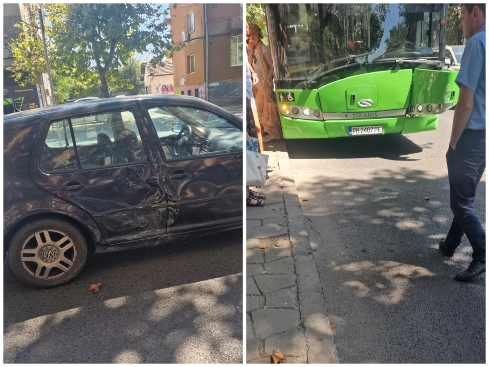 Автобус на градския транспорт и лек автомобил се удариха до Сточна гара в Пловдив