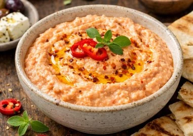 Разядка с печени чушки, сирене и чесън