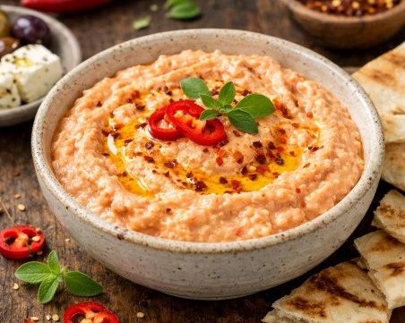 Разядка с печени чушки, сирене и чесън